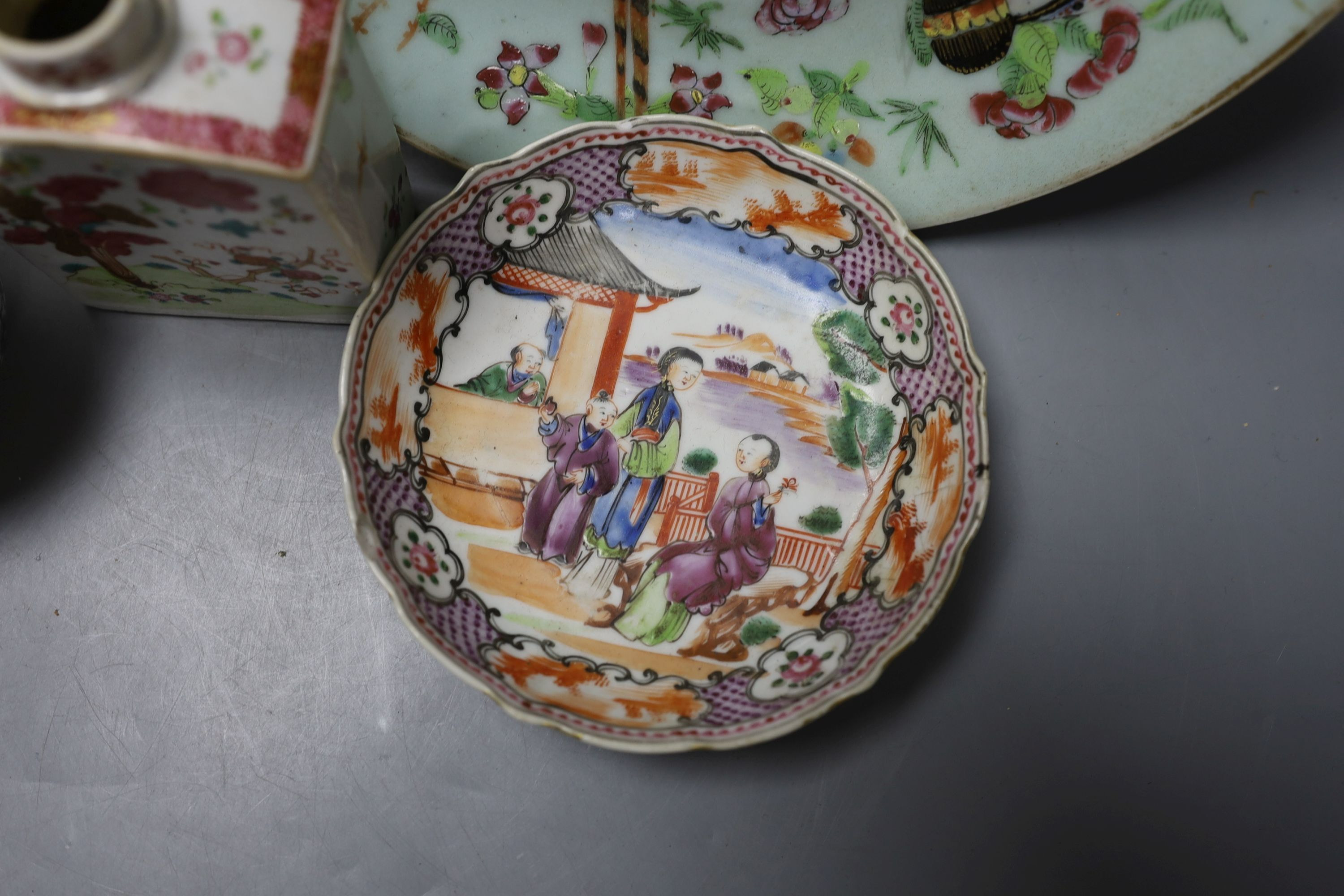 A Chinese celadon ground dish, another dish, Chinese export tea caddy, similar saucer and a blue and white teacup and saucer
